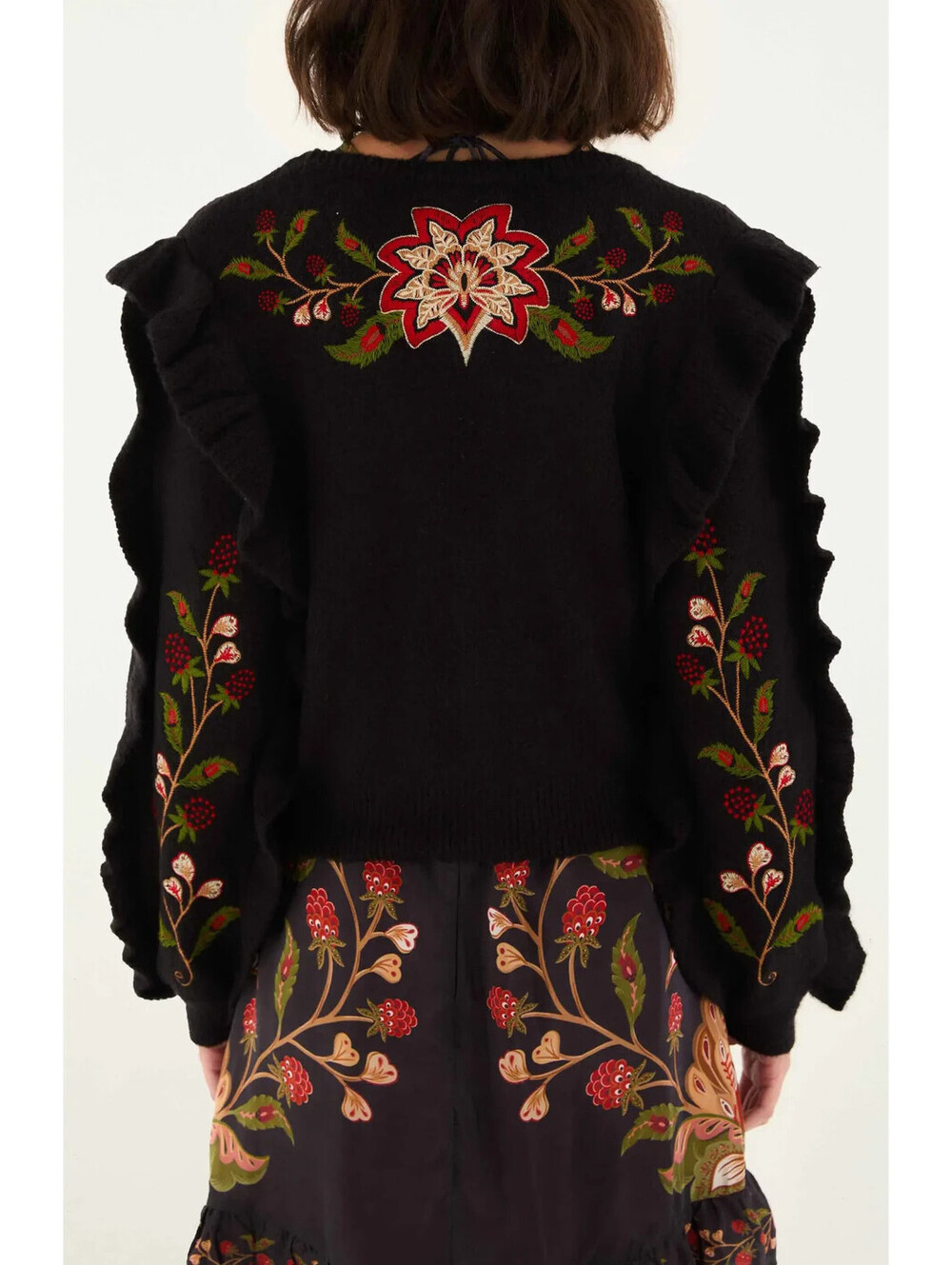 NEW, Farm Rio Berry Embroidered Ruffle Cardigan in Black Sz M #T4052 - Picture 5 of 10